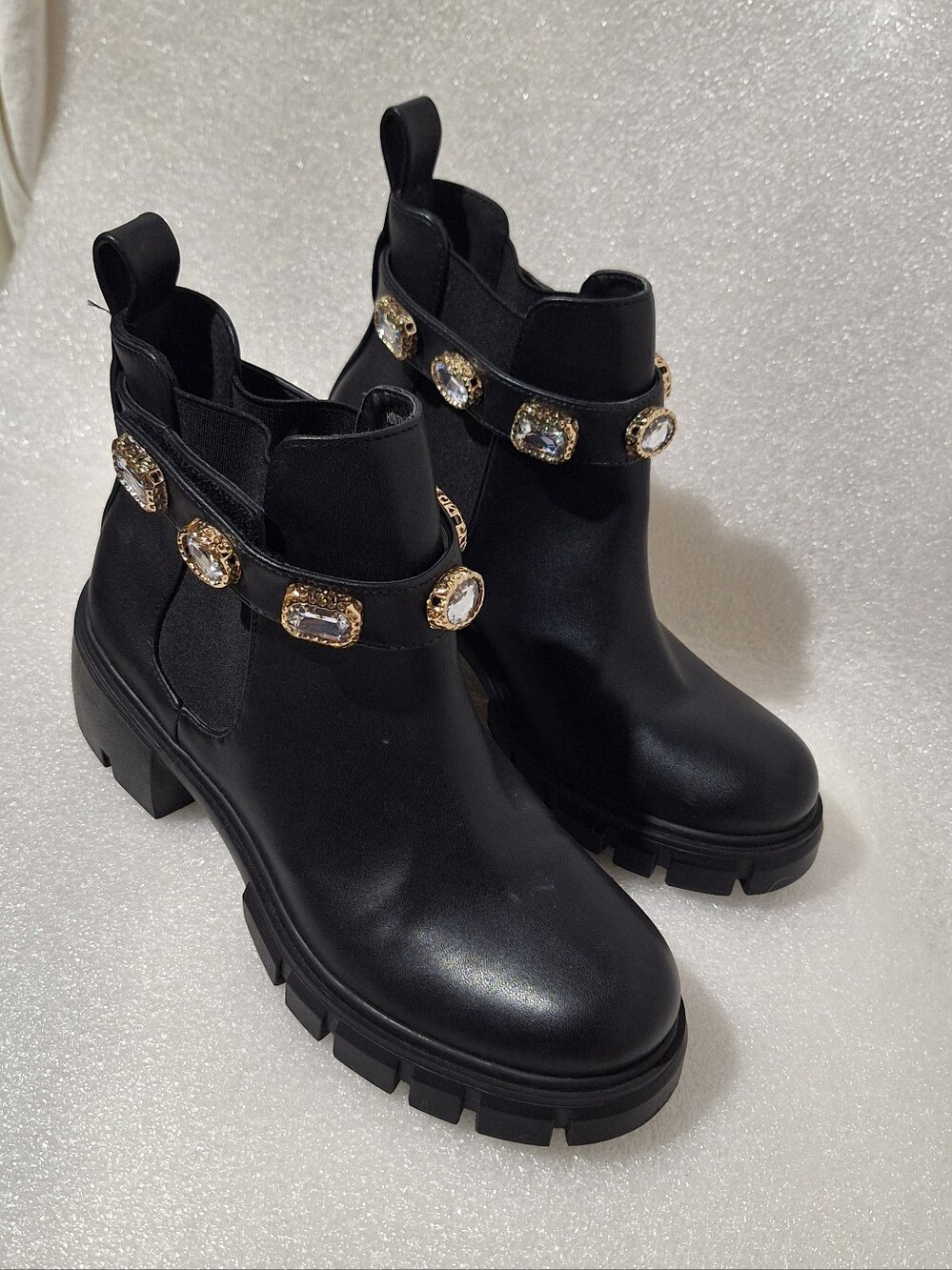 Women's Black Chunky Chelsea Boots with Gold Crystal Straps